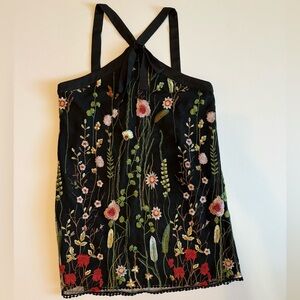 Mac and Me Floral Embroidered Black Halter Dress